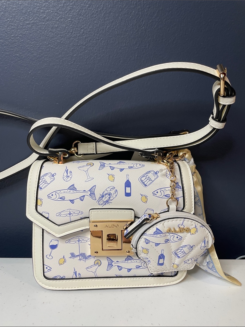 ALDO White Crossbody Bag with Blue and Yellow Nautical Print